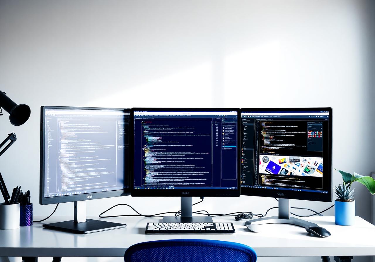 Workspace de desenvolvimento web com múltiplos monitores